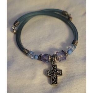 Cross Bracelet Brushed Silver-Tone blue purple beads flex strap slip on